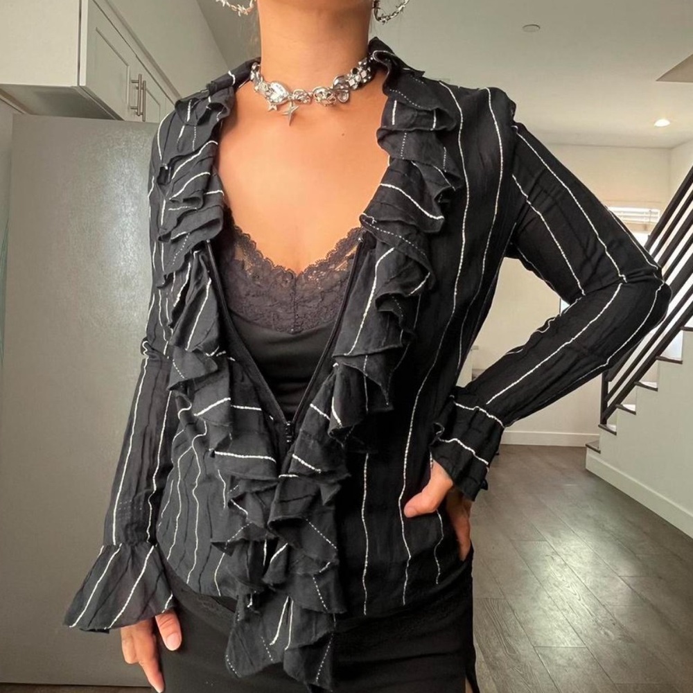 Black Anne Fontaine Paris whimsigoth Victorian ruffle chic zip up longsleeve top